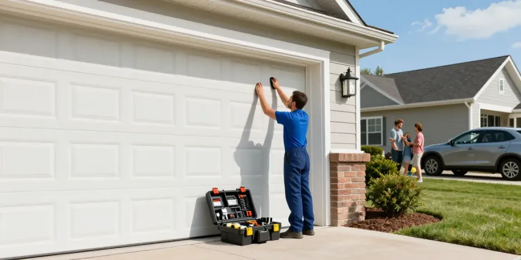 Expert garage door repair in Morley, technician fixing roller door with tools in Eden Hill.