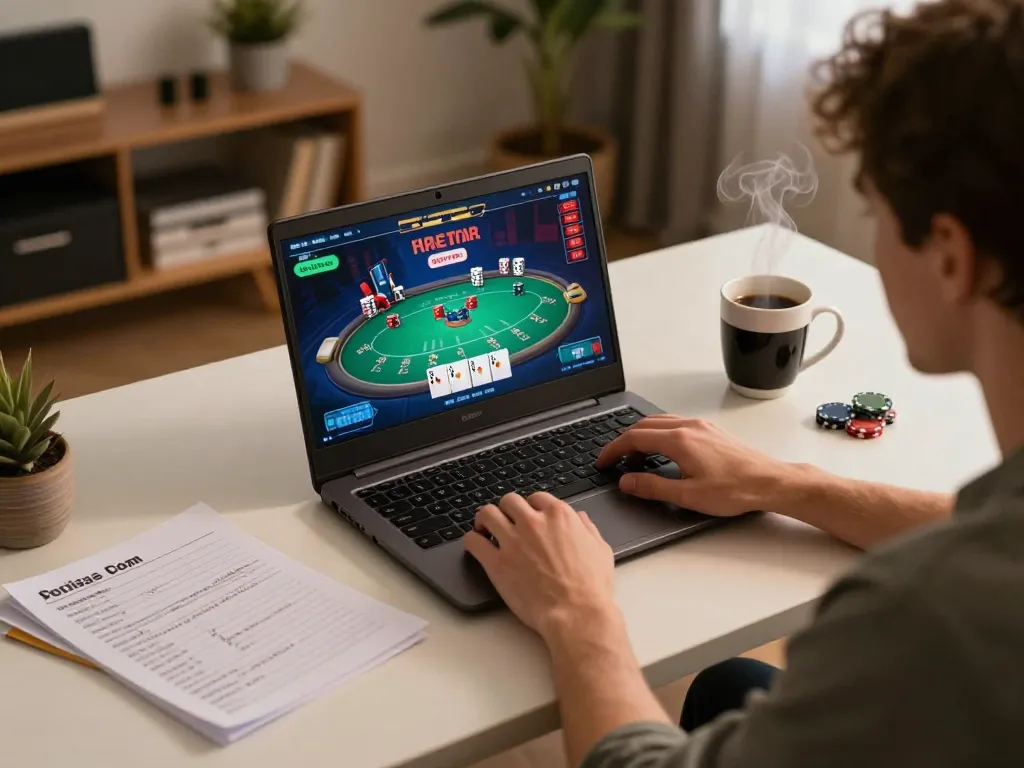 Player enjoying an online poker game on RR88, surrounded by strategy notes, at home