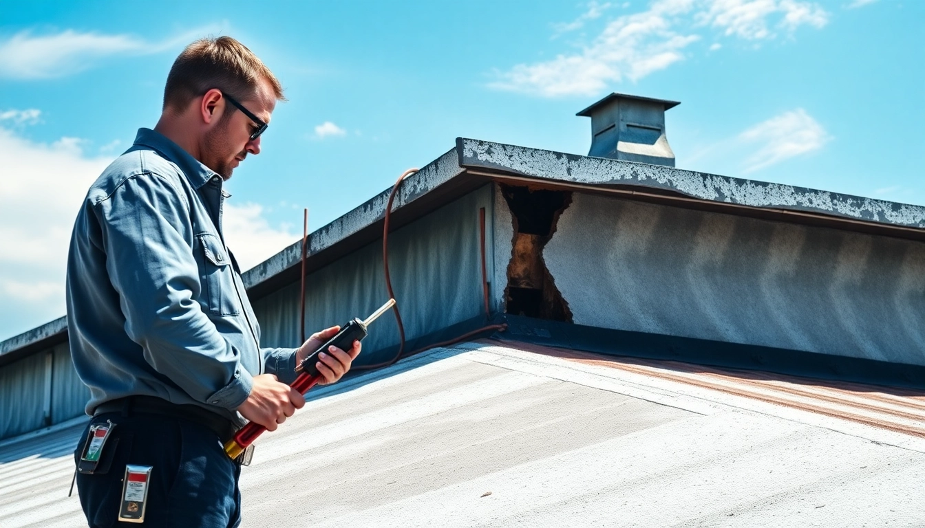 Inspecting spray foam roof damage on a commercial building roof, highlighting urgent repair needs.