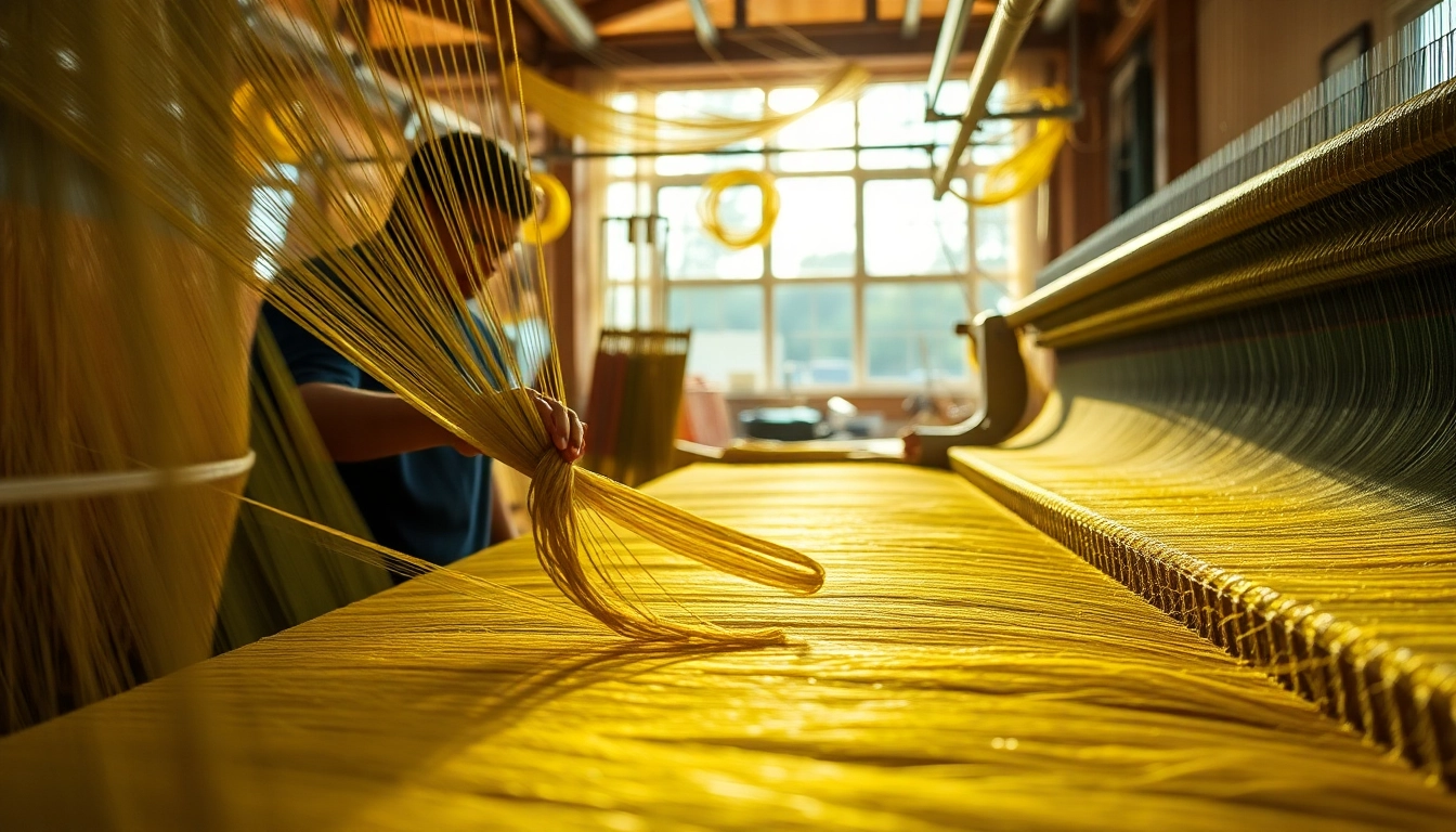 Viscose threads being skillfully woven by an artisan in a vibrant workshop.