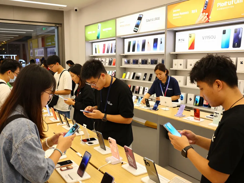 Mobile Phone deals highlighted in a busy retail store with customers exploring various phones and accessories