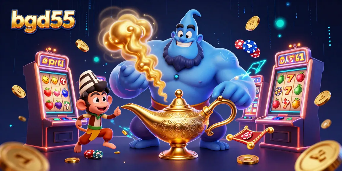 Experience the excitement of bgd55 with vivid casino elements and a playful genie in a dazzling scene.