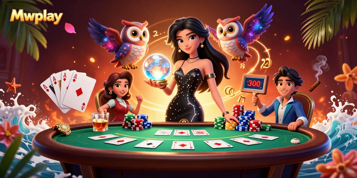 Engage with the thrilling poker scene at Mwplay featuring a captivating woman in a black gown and a mystical owl.
