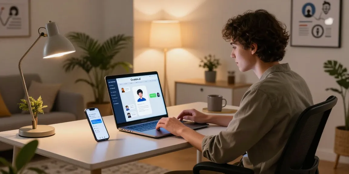 Experience crush on ai as a young professional interacts with virtual chat characters in a cozy home office.