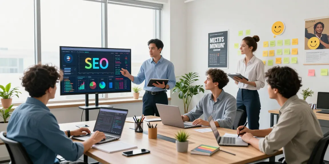 SEO Agency team collaborating in a modern office, analyzing data on a screen and sharing ideas.