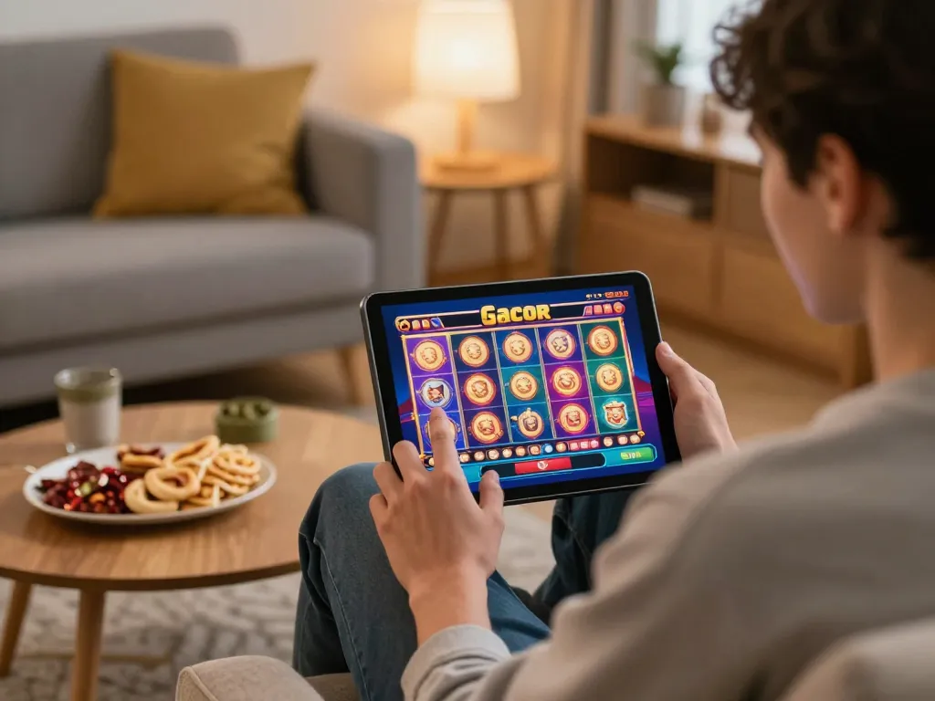 Engaging moment playing slot gacor on a tablet in a cozy living room setting, showcasing responsible gaming.