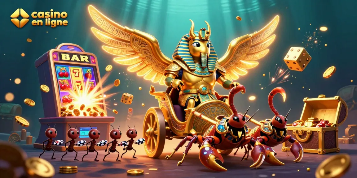 Jouer au casino en ligne avec des personnages animés parmi les machines à sous éclatantes et des jetons de poker.