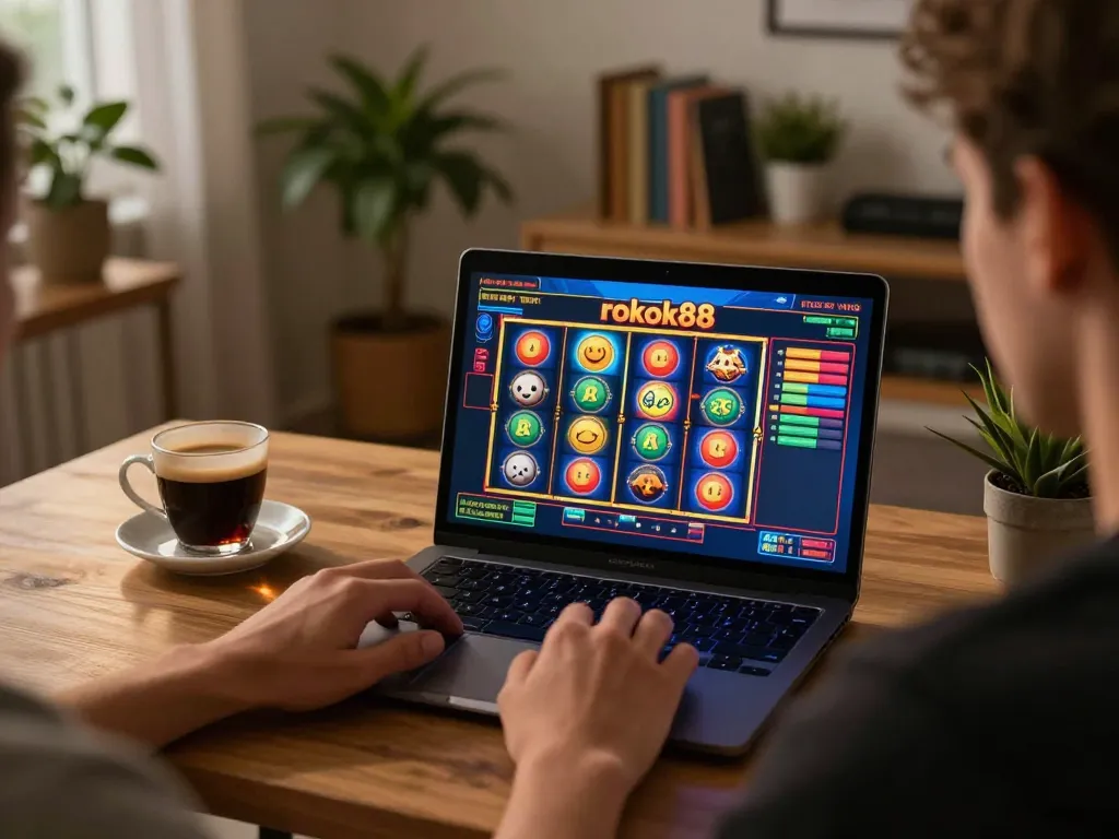 Engaging in rokok88 slot gameplay on a laptop in a cozy home setting, reflecting online casino excitement.