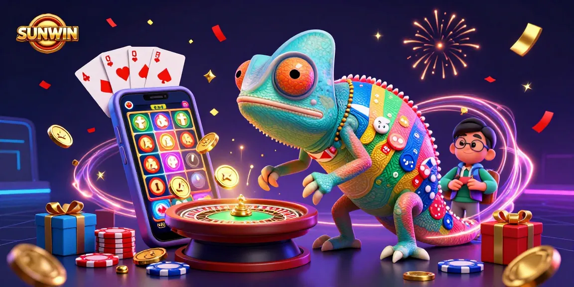 SUNWIN chameleon casino owner snapping up coins while surrounded by dynamic gaming elements, showcasing excitement.