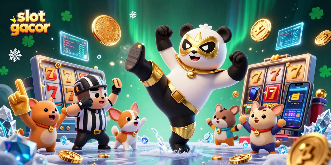 Experience the excitement of slot gacor with a lively illustration featuring a panda wrestler and crypto elements.