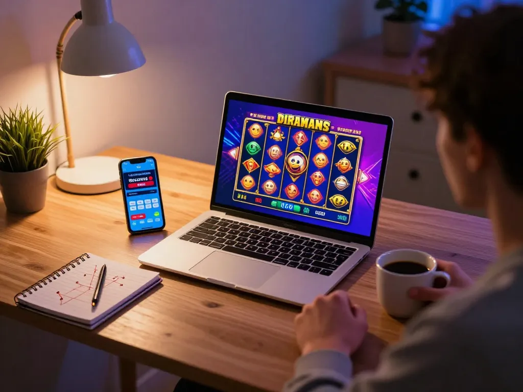 Player enjoying an immersive online experience at o8, engaging with a colorful slot game on their laptop, showcasing a cozy gaming atmosphere.