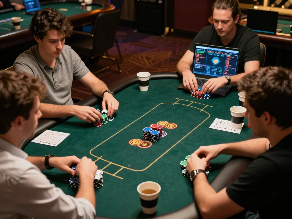 Players strategizing at 58win poker tournament, vibrant poker chips enhancing the excitement.