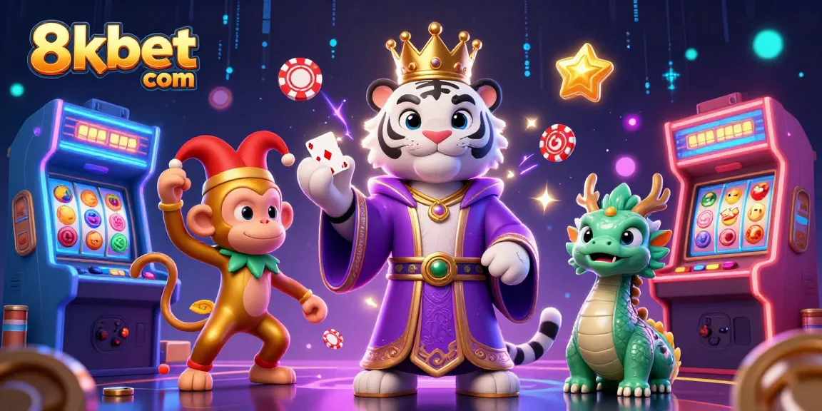 Playful golden monkey juggles poker chips in front of 8xbet com casino scene with vibrant game elements.