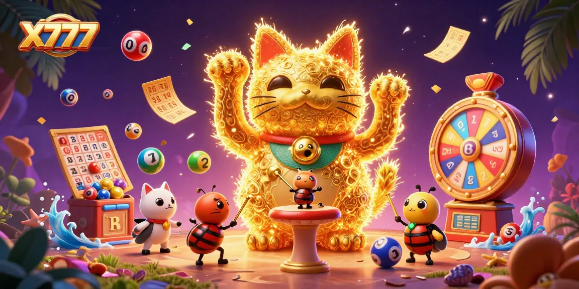 X777 showcases a dynamic golden cat formed by fireflies, surrounded by colorful lottery elements in a casino-themed illustration.
