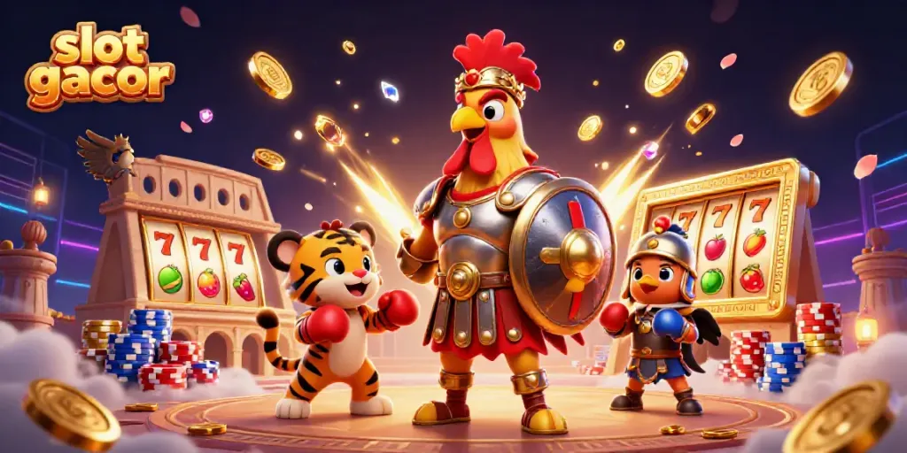 Experience thrilling gameplay with slot gacor featuring a gladiator rooster and sparkling win symbols.