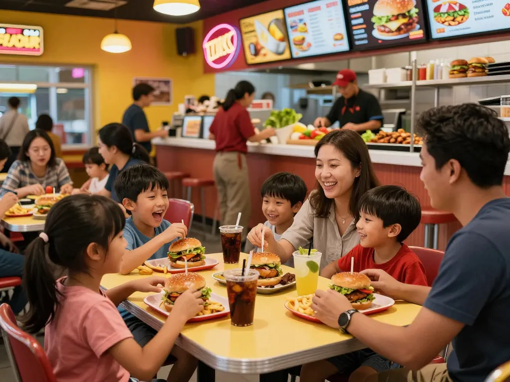 Fast food menu items served at a lively family restaurant with burgers and fries.