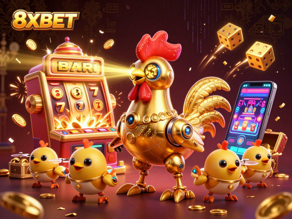 Experience thrilling gaming at 8XBET with a vibrant casino scene featuring a golden rooster and baby chick drones.
