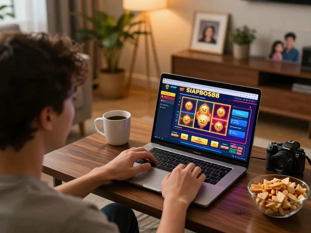 Engaging gaming scene on laptop at home with SIAPBOS88 interface showcasing strategic online gambling.