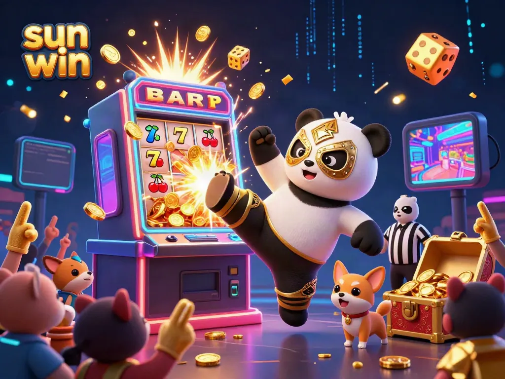 Experience the thrill of sun win with vibrant chaos in a 3D casino scene featuring a panda wrestler and a referee.