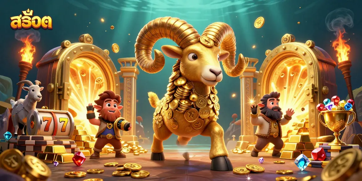 Spin the reels with สล็อต themed golden ram and treasures illuminated by golden light.