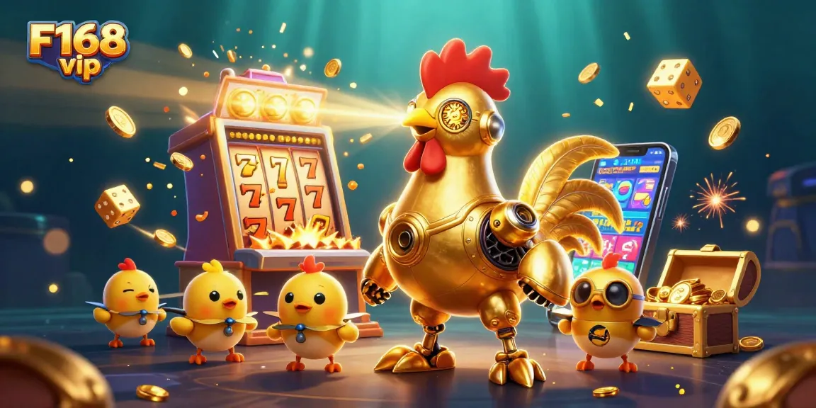 Engage with F168 vip gaming experience featuring a golden rooster robot amidst vibrant casino elements.