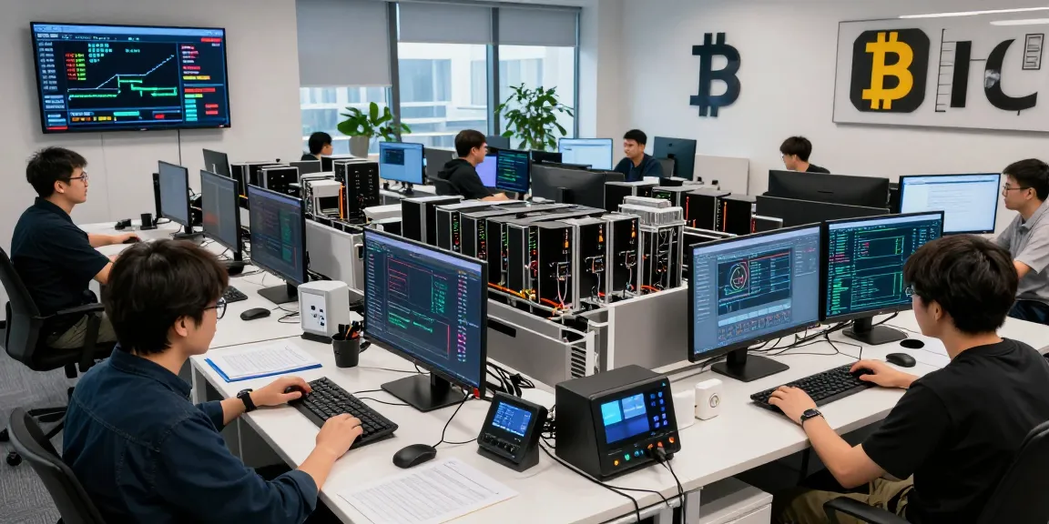 Bitcoin mining company workspace showcasing cryptocurrency mining rigs and performance analytics for efficient operations