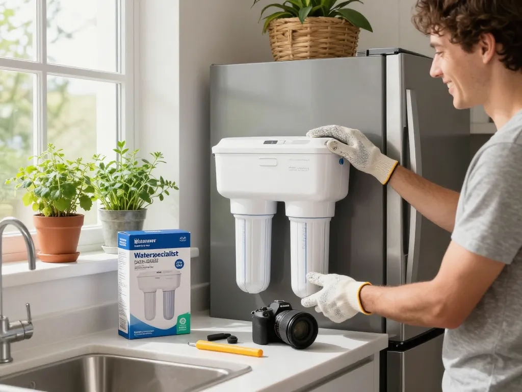 Installing Waterspecialist DA29-00003G Refrigerator Water Filter in a bright kitchen