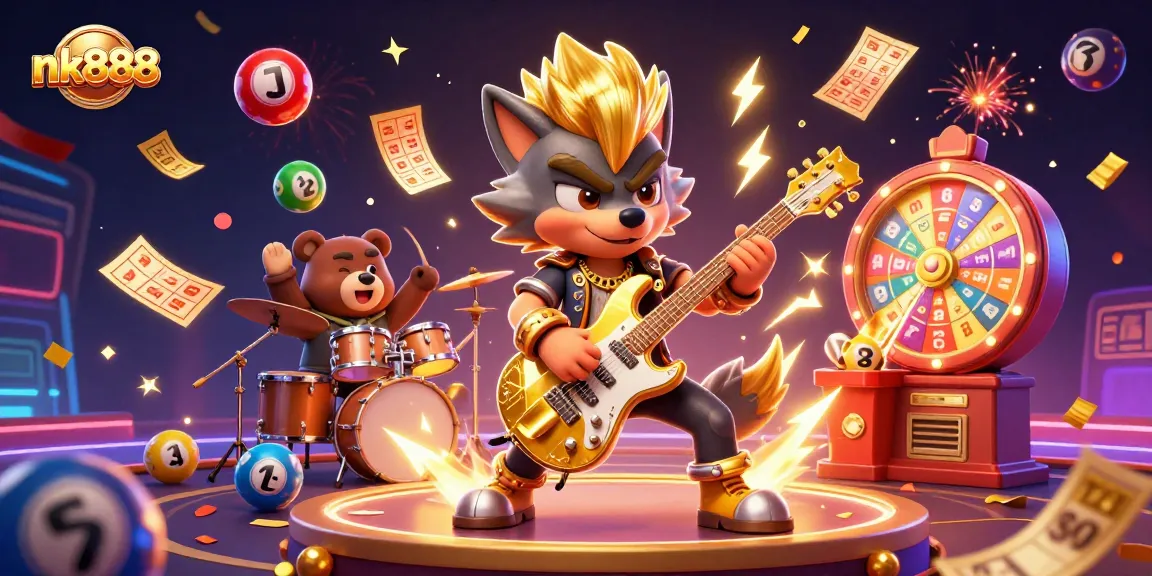Experience nk888 with vibrant lotteries and casino excitement, featuring a rock star wolf and drummer bear