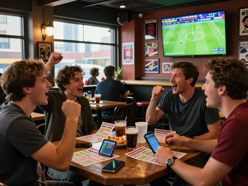 Exciting kèo nhà cái betting scene with friends cheering at a sports bar.