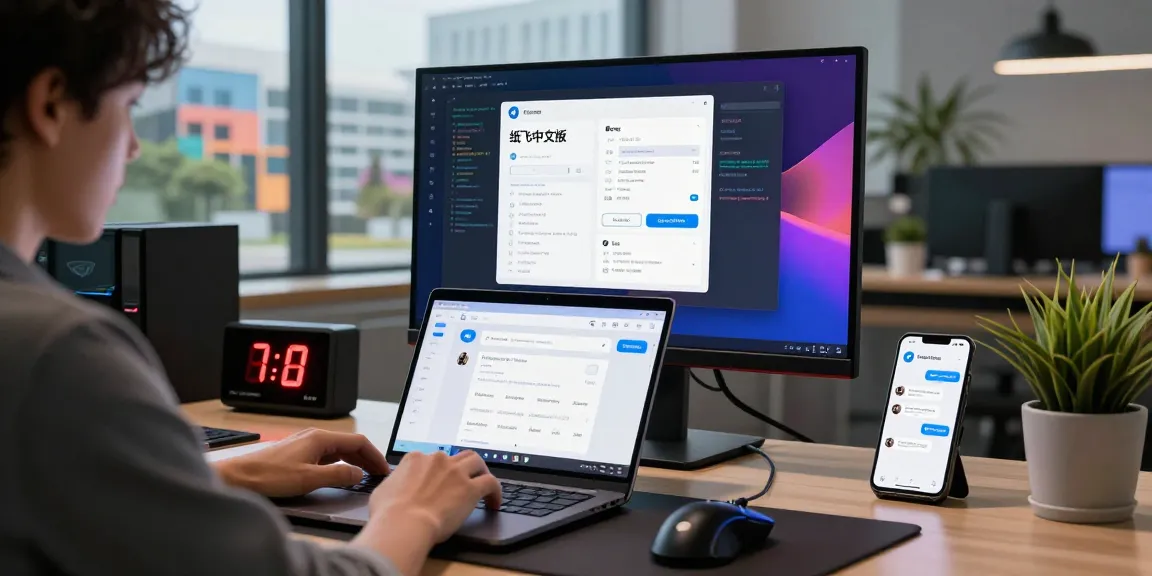 Using 纸飞机中文版 on a laptop with tech gadgets in a modern workspace.
