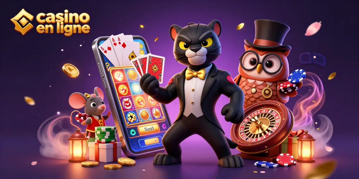 illustration dynamique d'un casino en ligne avec une panthère, un hibou et une souris, jouant avec des cartes et des jetons
