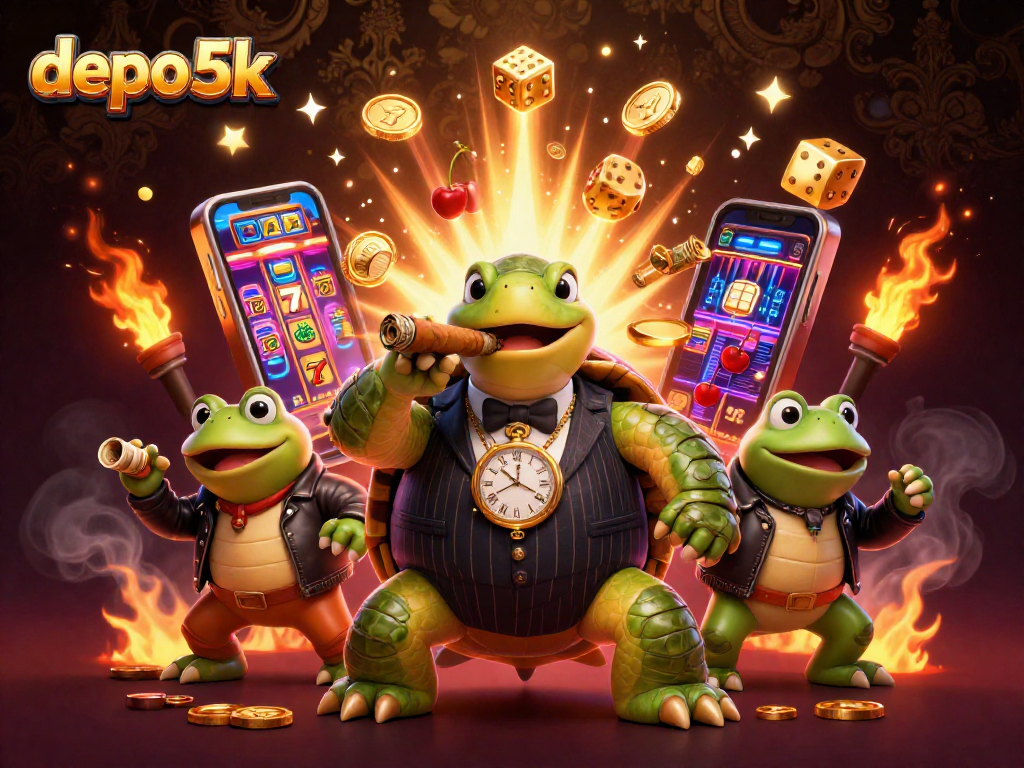 Experience the excitement of depo 5k with a cartoon turtle mobster amidst casino elements.