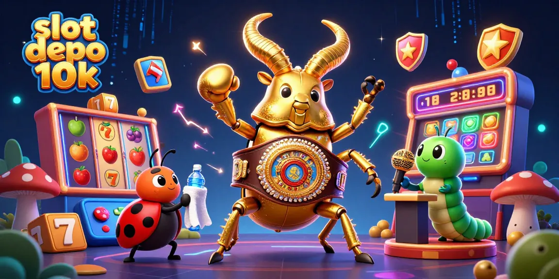 Spin to win with slot depo 10k: a vibrant scene featuring a golden stag beetle and colorful casino elements.