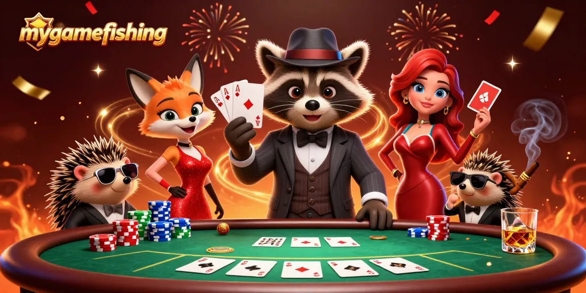 Join the exciting action at mygamefishing with a suave raccoon holding a royal flush at a vibrant poker table.