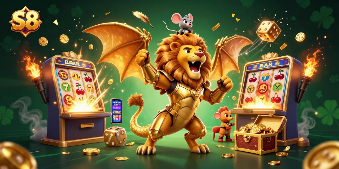 Experience thrilling wins at S8 with a dynamic 3D scene showcasing a victorious golden chimera surrounded by casino excitement.