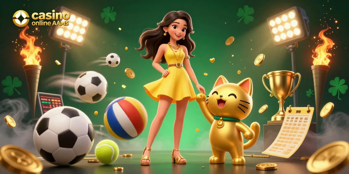 Vivi l'emozione in un casino online non AAMS con una donna gioiosa, un gatto fortunato e dinamici elementi sportivi.