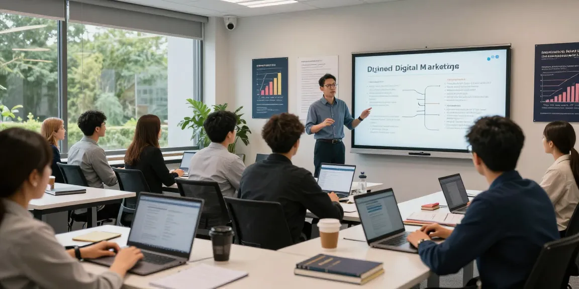 Students learning AI-powered digital marketing strategies in a modern classroom