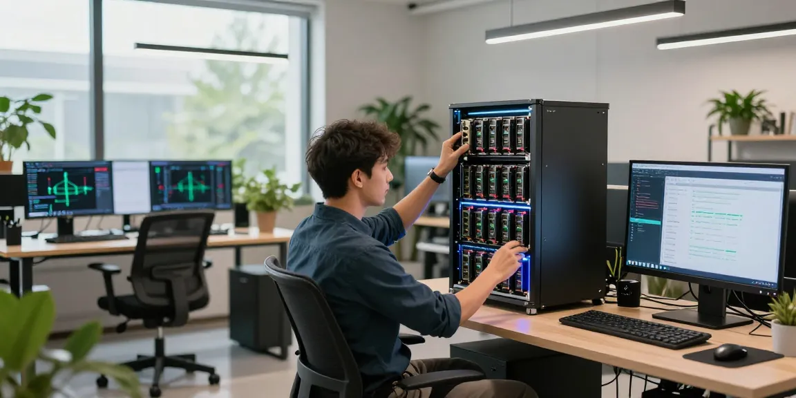 Eco friendly crypto mining setup featuring renewable energy-powered rig and blockchain interfaces in modern office.