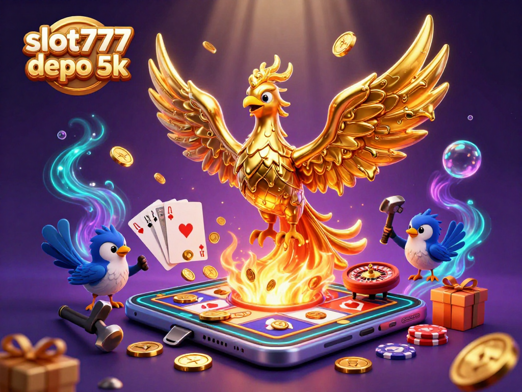 Engage with slot777 depo 5k showcasing a golden phoenix and slot game elements in a vibrant, magical atmosphere.