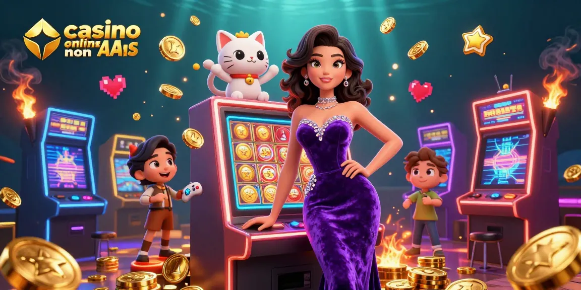 Immergiti nell'emozione del gioco vibrante con i casino online non AAMS, con una dama glamour accanto a una slot jackpot.