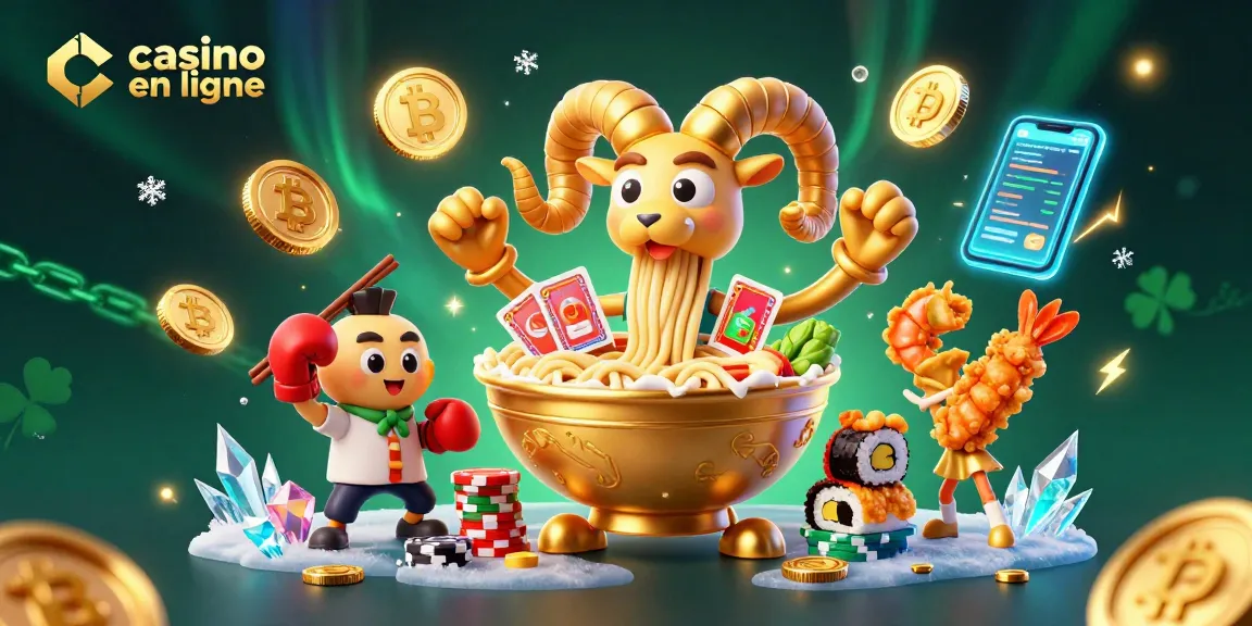 Plongez dans l'univers du casino en ligne avec cette illustration animée remplie de personnages ludiques et de symboles lumineux.