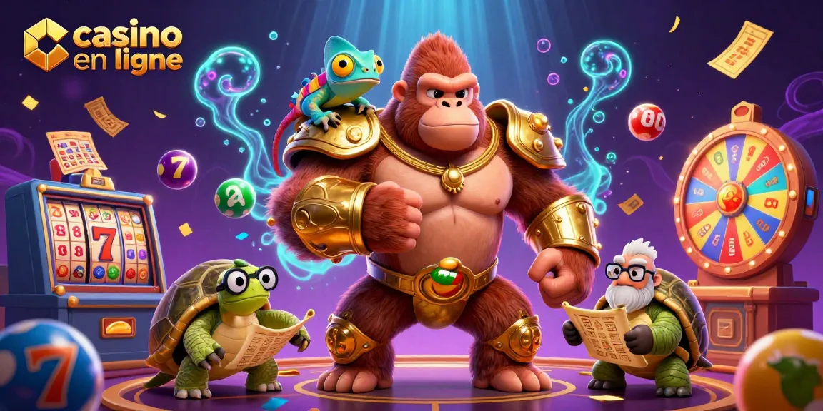 Visualisez une scène captivante de casino en ligne avec des personnages animés et des éléments de jeu colorés.