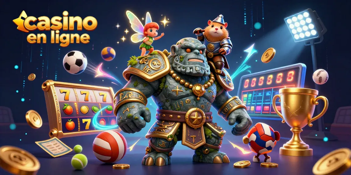 Plongée dans l'univers du casino en ligne avec un golem gardien, une fée et un hamster, entourés de pièces dorées.