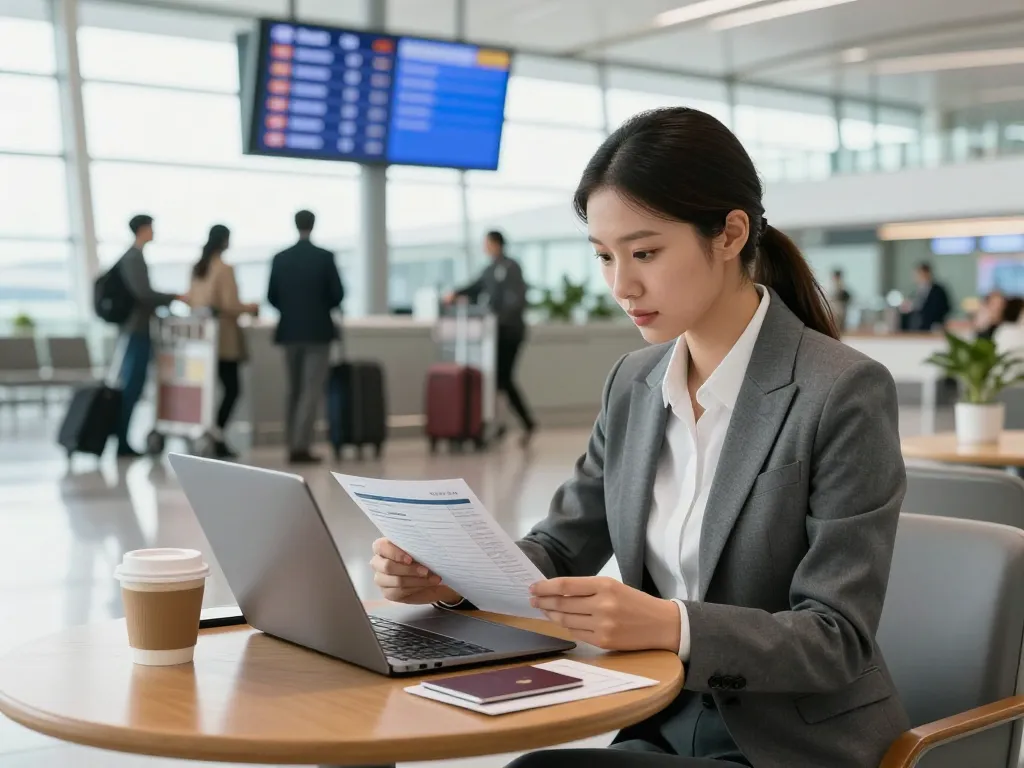 Professional woman preparing for a 출장 at the airport with laptop and travel documents.