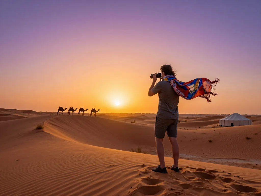 Morocco tour company adventure with traveler taking in stunning Sahara sunset view over golden sands.