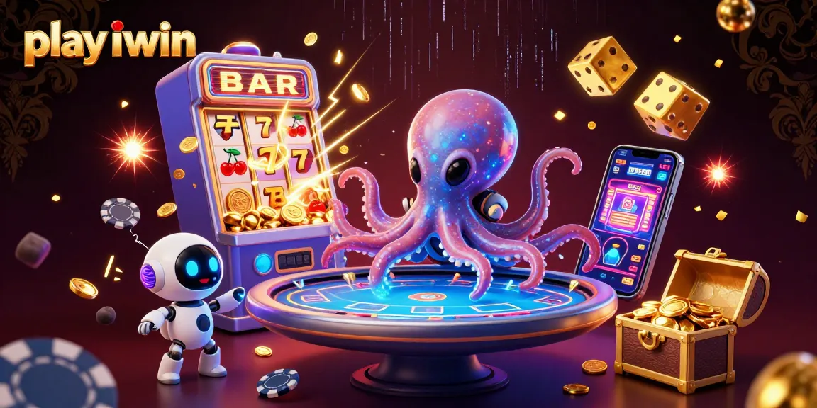 Play iwin at a vibrant casino scene with a cartoon octopus and poker table.