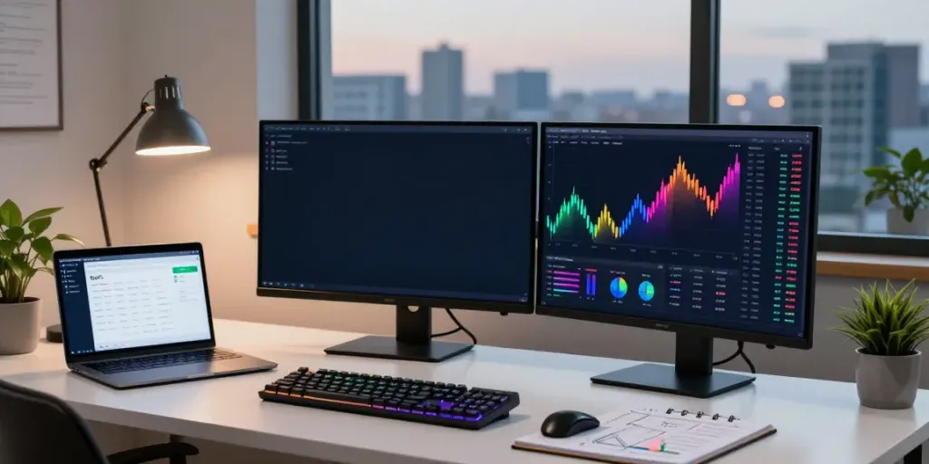 Optimize your trading with 株価データ API 無料 in a professional cryptocurrency workspace featuring multiple monitors and advanced tech.