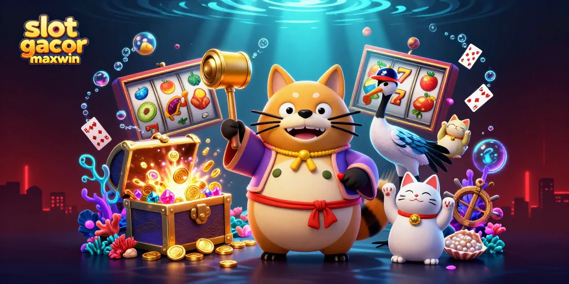 Menangkan permainan dengan slot gacor maxwin dalam ilustrasi kasino 3D yang ceria dan berwarna-warni.