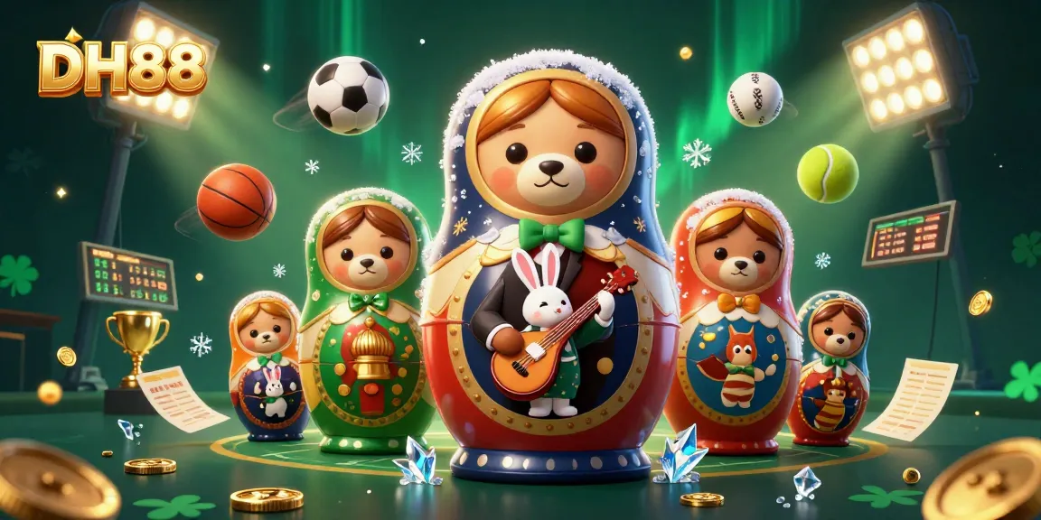 Engage with DH88 at a vibrant casino scene filled with dynamic sports elements and charming characters.