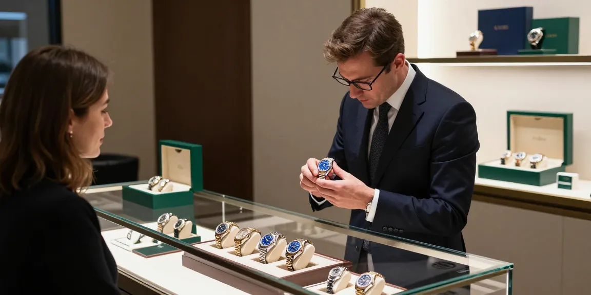 Showcase of replica watches highlighting luxury designs and craftsmanship in an elegant jewelry showroom.